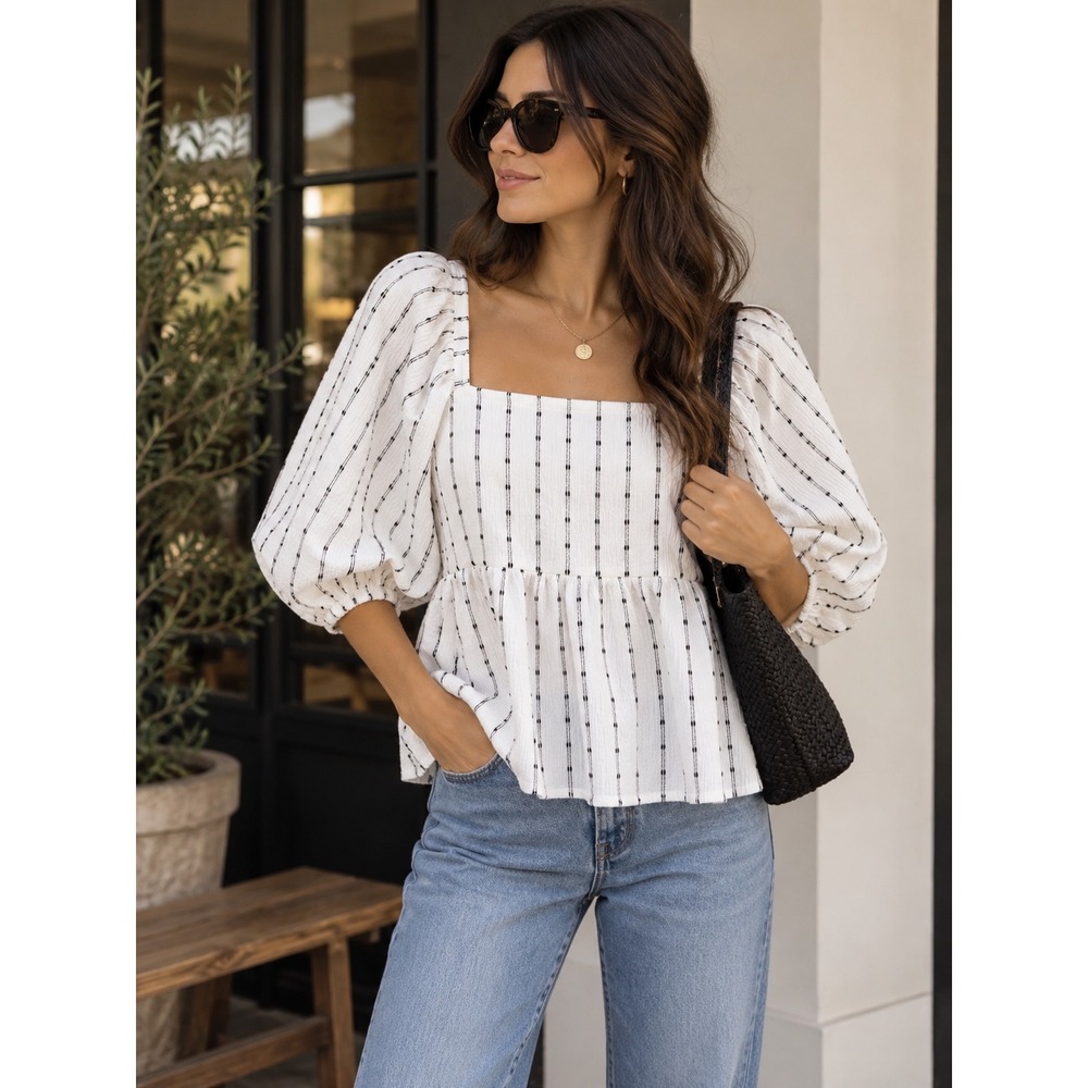 Madewell Puff Sleeve Empire Top MD049 Black White Stripe Square Neck Small S